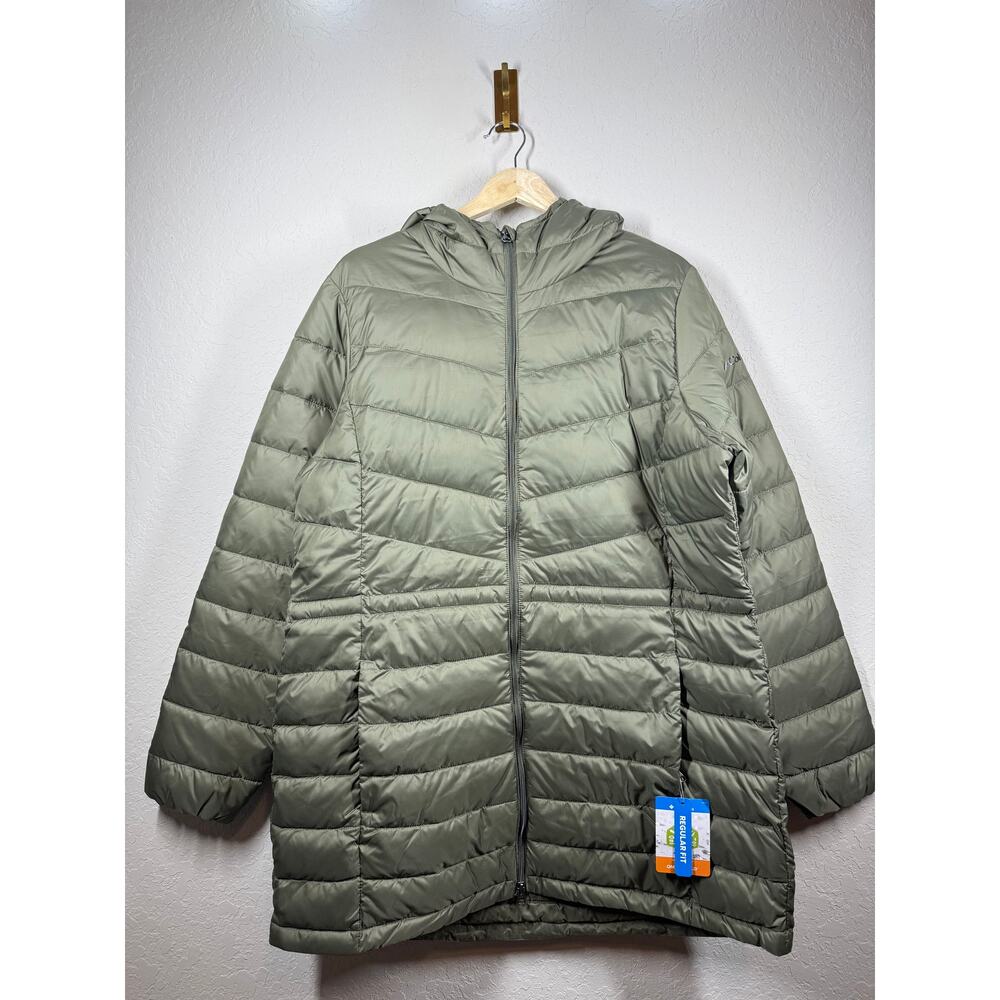 Women's Columbia Green Quilted Puffer Full Zip Coat with Hood Size L NEW‎